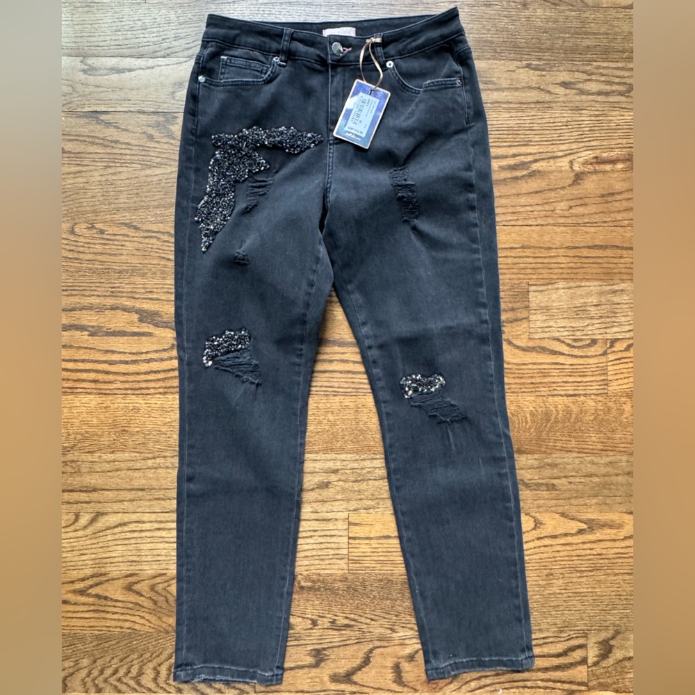 Ted Baker London Black Appliqué Distressed Abrasion Boyfriend Jeans-NWT, Size 28